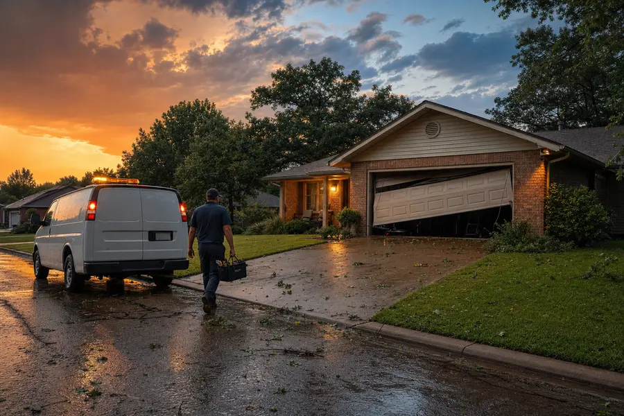 Garage door knocked crooked in its opening after an Oklahoma storm
