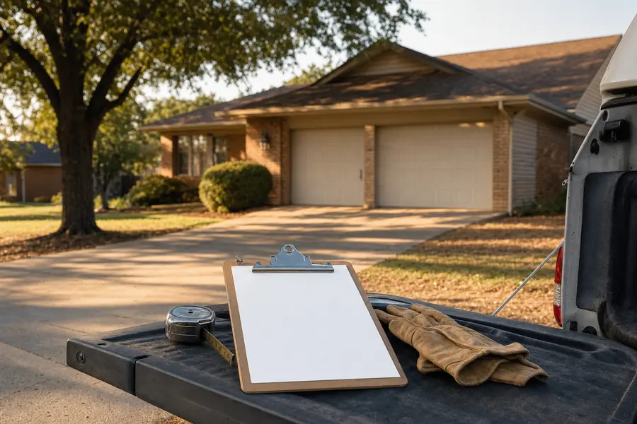 Estimate clipboard and tape measure on a truck tailgate in front of a garage