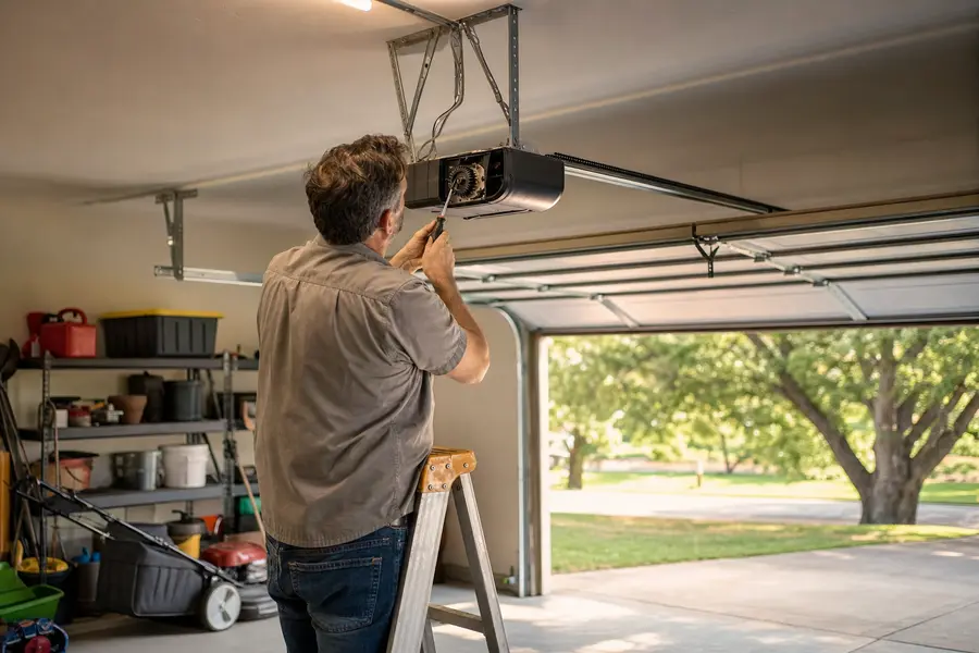 Technician servicing a ceiling-mounted garage door opener from a stepladder